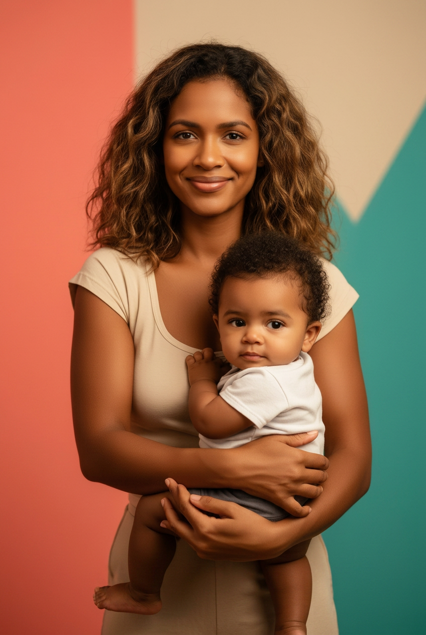 Mãe sorrindo segurando seu bebê, apoio à saúde mental materna